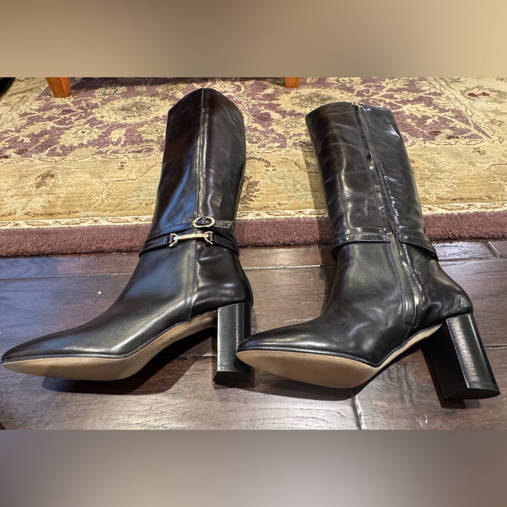 New Bruno Magli Black Adriana Knee High Block Heel Leather Boot - Picture 8 of 13